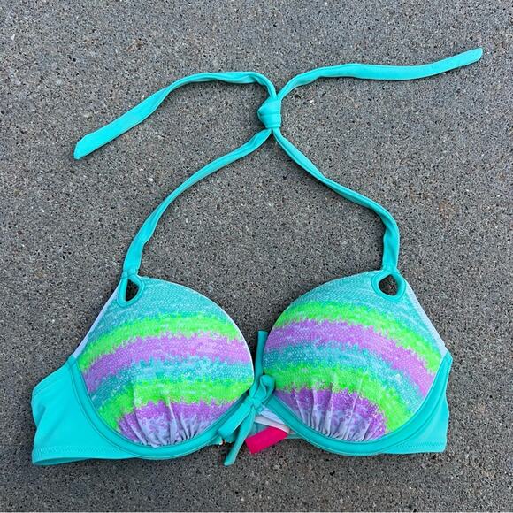 Victoria’s Secret 34B Sequin Teal Purple Mermaid Pushup Bikini Top - Picture 1 of 6